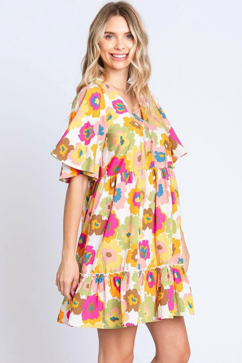 Enchanting Floral V-Neck Ruffle Hem Dress - Love Salve